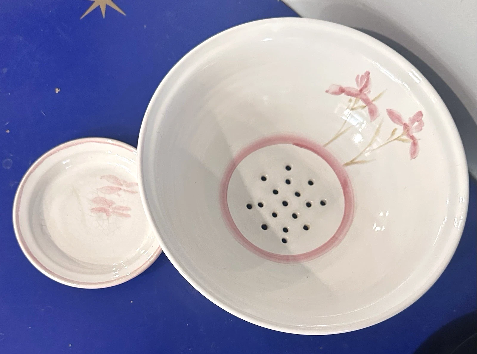 Vintage Ceramic Colander with Base Floral Pink Flower 7.5 in Berry Bowl