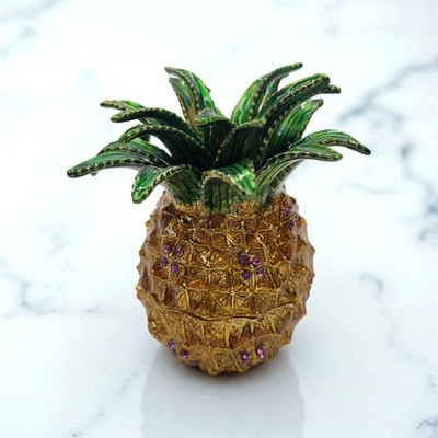Qifu Pineapple Jeweled Enameled Hinged Trinket Box Austrian Crystal Ring Holder