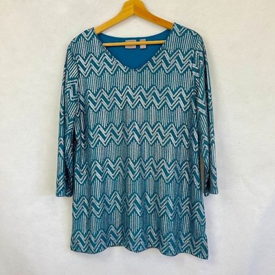 Chico's Jazlyn Foil Tunic 3/4 Sleeve Party Mob Wife Academia Grandma Chic