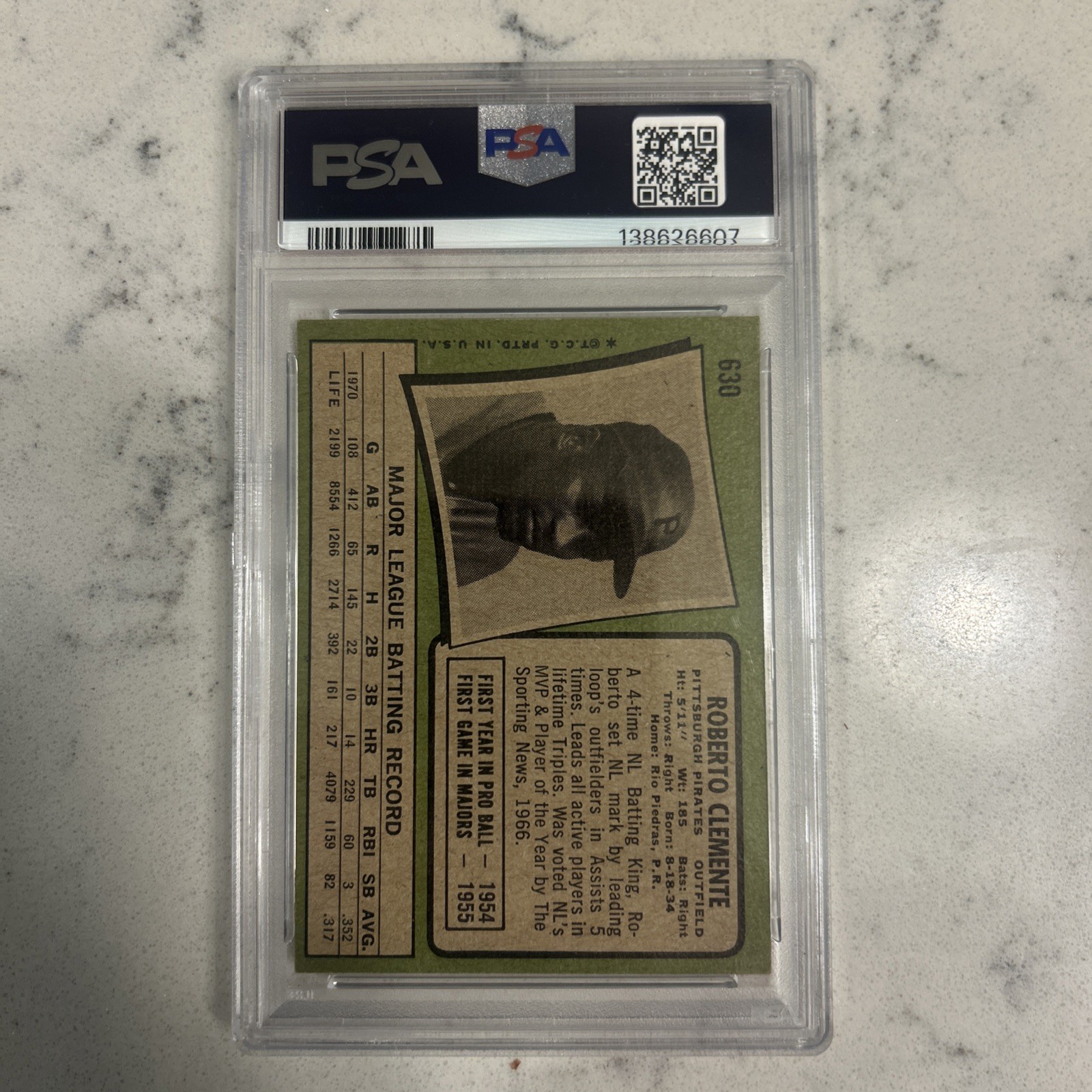 1971 Topps - Roberto Clemente #630 Psa 5 view 2