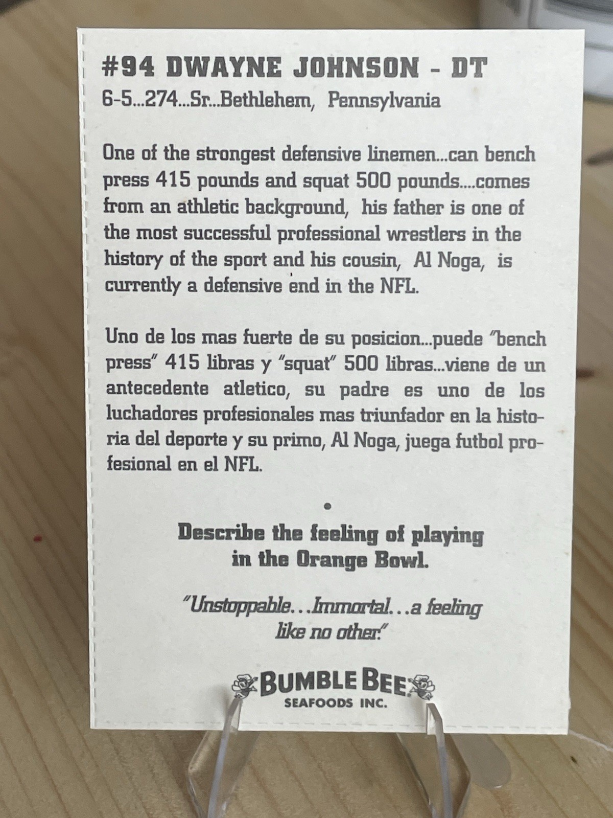 1994 Bumble Bee Dwayne Johnson, The Rock, Rookie Card🔥 view 2