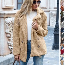 Women's Teddy Fleece Coat Fluffy Sherpa Jacket Winter Lapel Button Cardigan