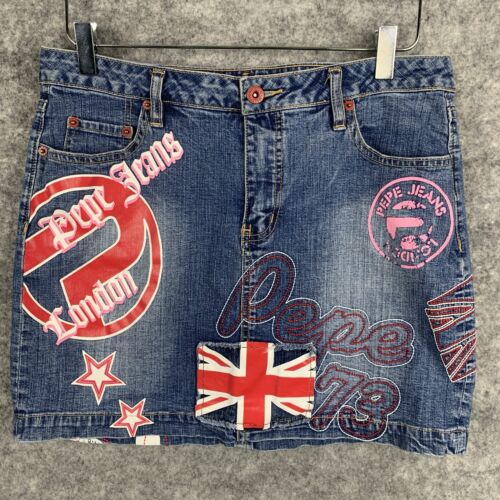 Pepe Jeans Skirt London Women's Large Denim Embroidered Patchwork Logo Grunge - 第 1/18 張圖片