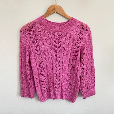 Ichi Ihbrea Open Knit Sweater Women Size Small Pink 3/4 Sleeves