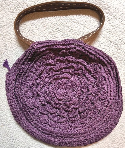 ANTHROPOLOGIE Lucky Penny Purple Rafia Woven Straw Shoulder Bag Leather Straps - Bild 3 von 8