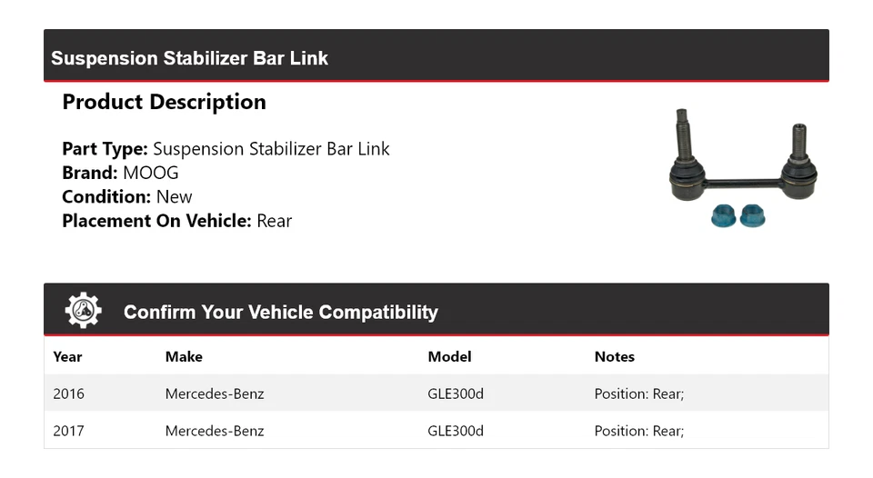 Barra estabilizadora de suspensión trasera MOOG para Mercedes-Benz GLE300d 2016-2017 Foto 2 de 3