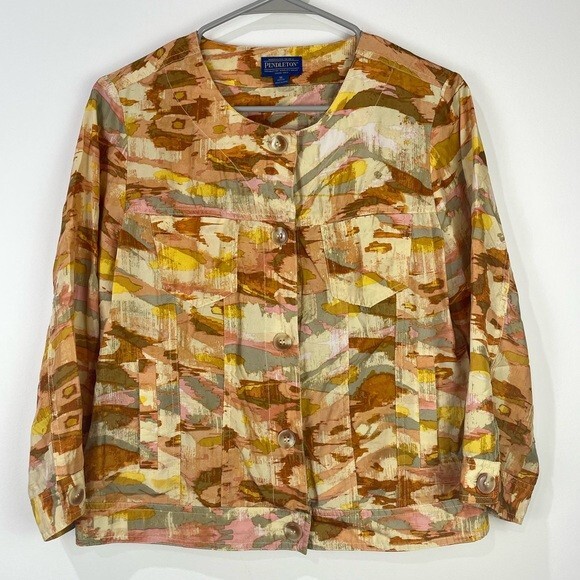 Pendleton Silk Watercolor Button Front Cropped Ja… - image 1