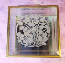 Etched Glass Brass Trinket Box Jewelry Floral Square Beveled Mirrored Vintage