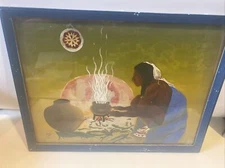 W.P.W. Indian Oil Painting on Paper  1931 Folk Art Original, Framed