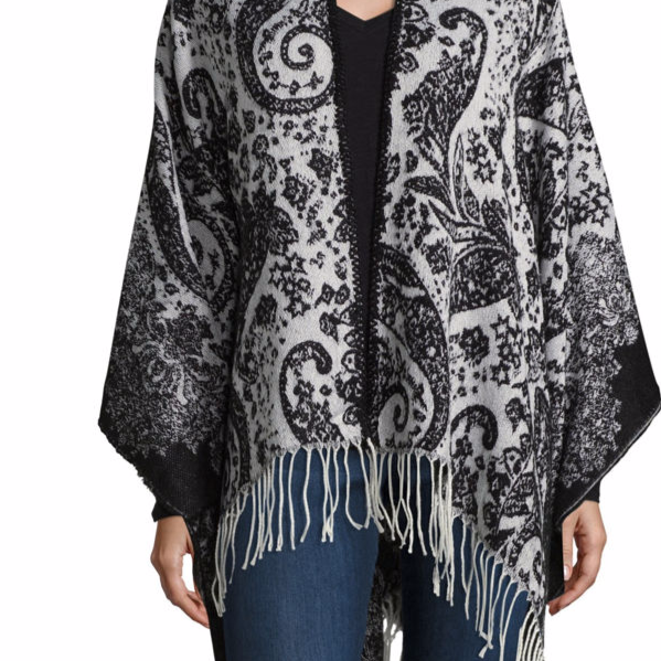 Mixit Ladies Black & White Paisley Reversible 100% Acrylic Wrap / Ruana ...
