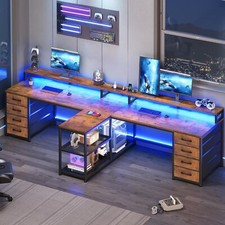 94.5" Two Person Desk, Long Office Computer Desk with 8 Drawers and LED Lights