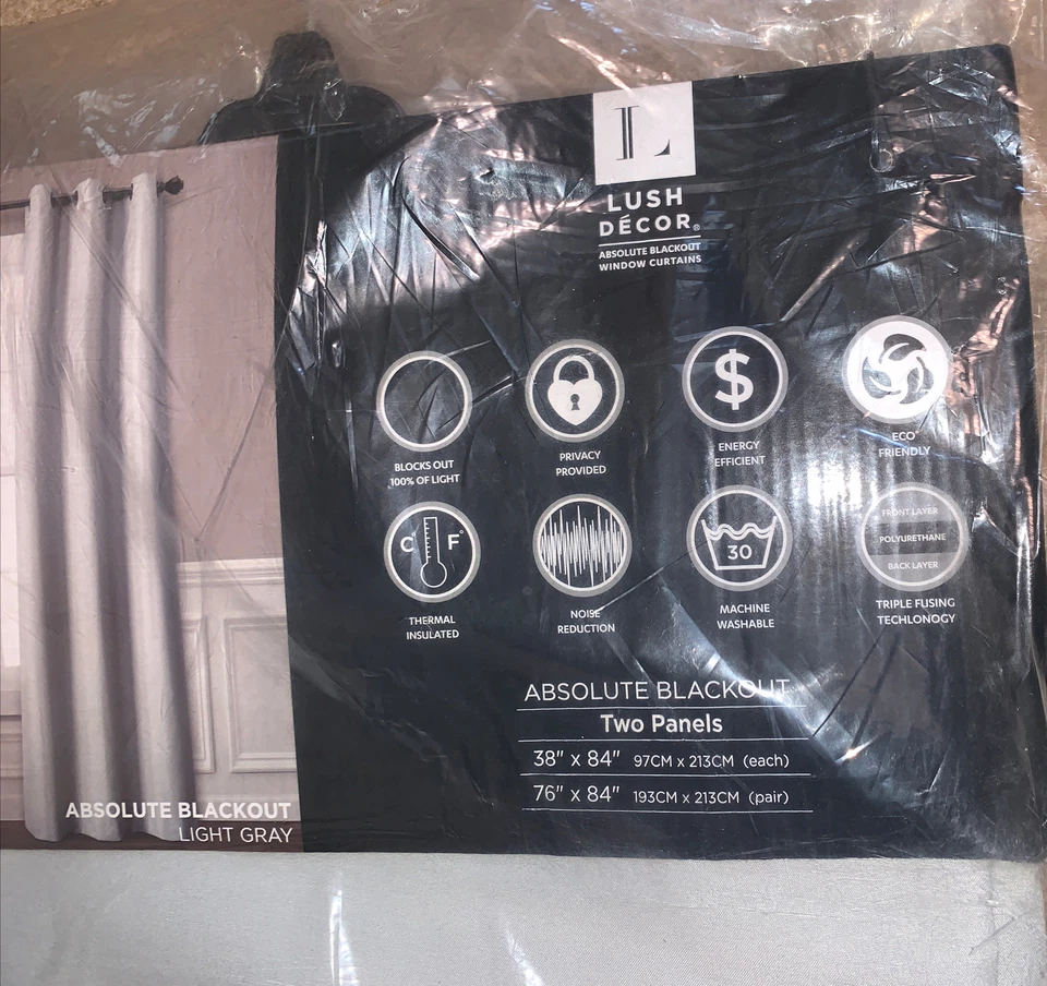 LUSH DECOR Curtains Two Panels Absolute Blackout LIGHT GRAY 38"x84" NWT Grommet - Image 2 of 4