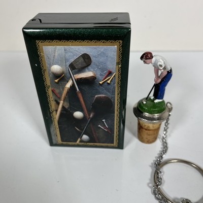 Pewter Wine Bottle Cork Stopper Man Golfing Putting With Wooden Box