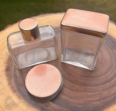 Antique German D.R.G.M. Pink Guilloche Enamel Vanity Jar Perfume Bottle Lid Set