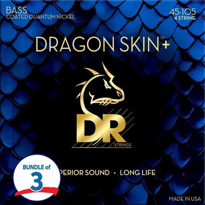 DR Strings Dragon Skin+ Coated Bass Guitar Strings (3 Pack) - .045-.105 Medium