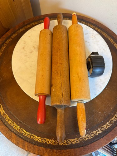 3 VTG Wooden Rolling Pins Farmhouse Kitchen Decor Pie Rollers Red Handle