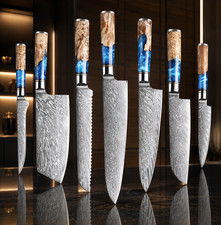 7-Piece Damascus Pattern Kitchen Knife Set Blue Resin Burl Wood Handles