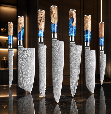 7-Piece Damascus Pattern Kitchen Knife Set Blue Resin Burl Wood Handles