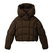 Women's Duck Down Short Puffer Jacket Hooded Padded Cropped Winter Brown S-M