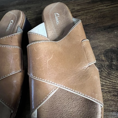 Clarks Brown Leather Crisscross Slip On Slide Comfort Summer Sandals women's 9 - Picture 12 of 13