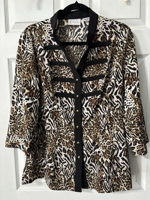 Kathy Che Stretch Roll Tab 3/4 Sleeve Animal Print V-Neck Blouse Size Large