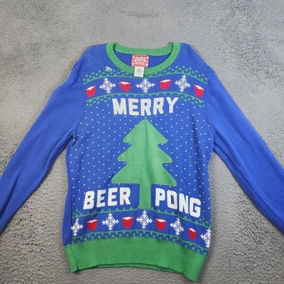Merry Beer Pong Sweater Mens Medium Blue Hybrid Ugly Christmas Holiday Party