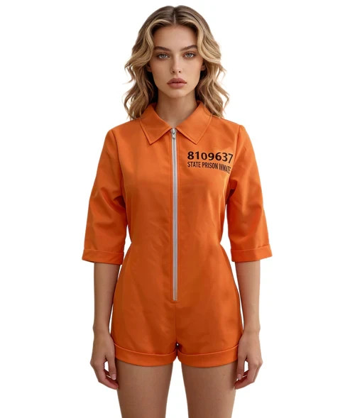 Disfraz de prisionero naranja para mujer | Mono con cremallera frontal Traje de Halloween