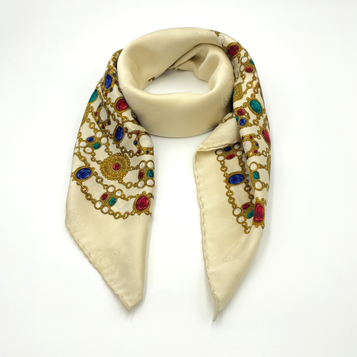 Auth Chanel Jewelry pattern Beige x Multicolor Silk Scarf W/Box BA050051 - Imagen 5 de 20