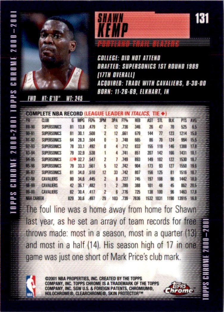 200001 Topps Chrome Shawn Kemp Portland Trail Blazers 131 eBay
