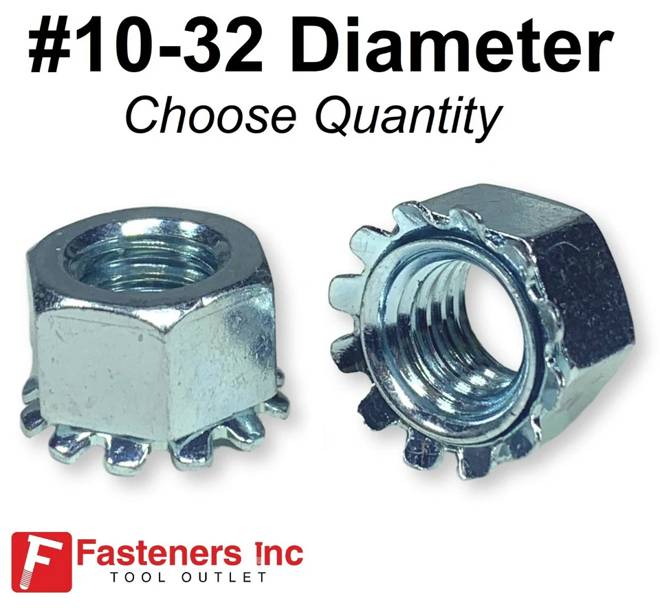 FASTENERS INC. #10-32 K-Lock Hex Star Lock Nuts Keps Zinc Plated FINE Thread Kep External Tooth