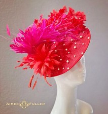 Bridal Hat Faux Pearl Red Hot Pink Fuchsia Royal Ascot Fascinator Kentucky Derby