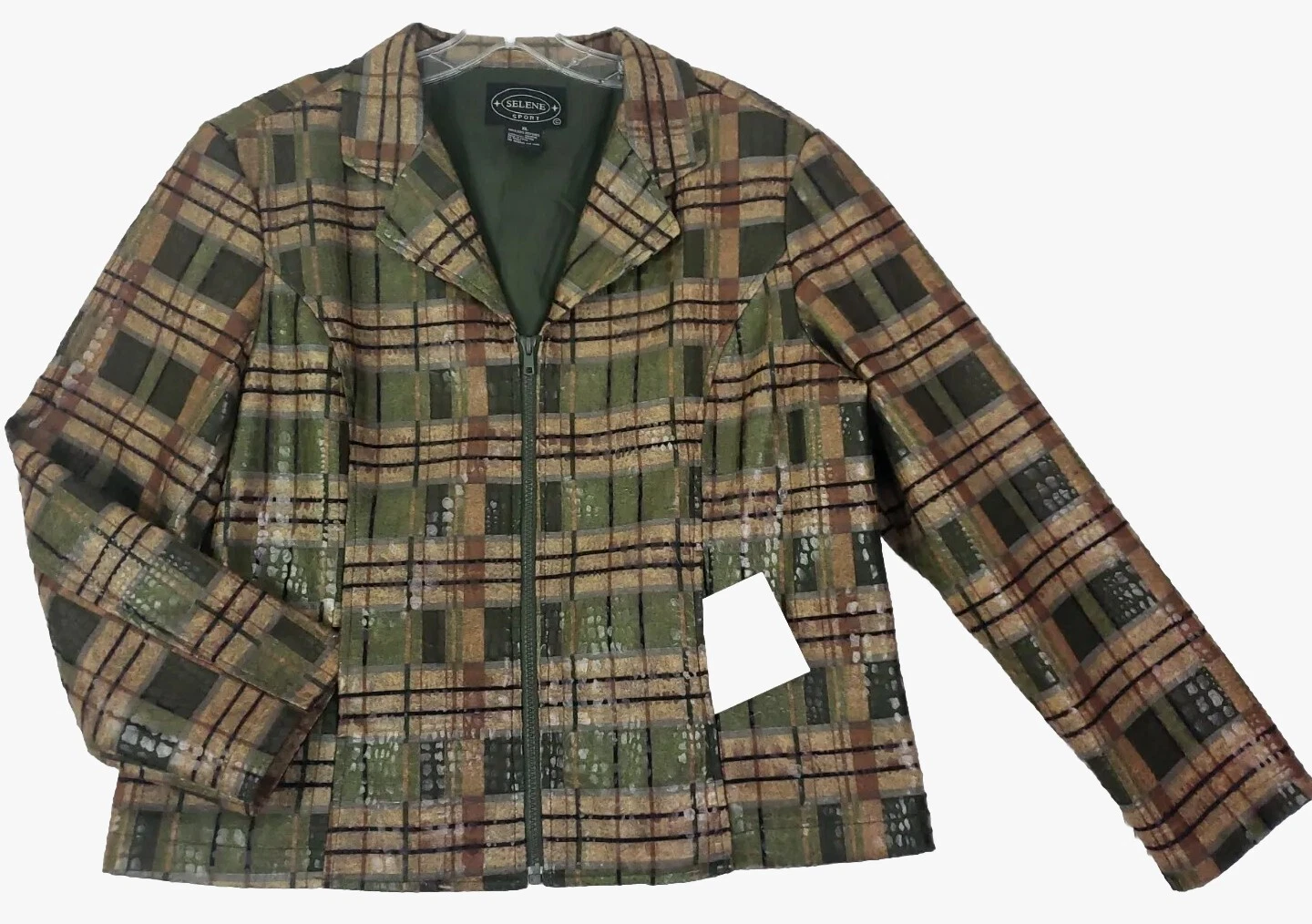 VETEMENTS Selene Sport ~ Donna Taglia XL~ Giacca a quadretti marrone verde con cerniera manica lunga.