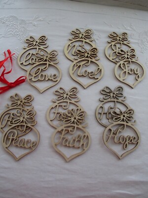 *Unfinished Wood Word Text Laser Cut Inspirational Christmas Word Ornament S/12