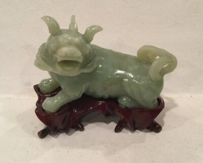 FOO DOG Carved Vintage Soapstone Figure 4 1/2  Long On Wooden Stand