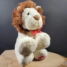 Hugfun Valentine Lion Plush Stuffed Red Hearts On Paw Brown Tan Cream Ribbon Bow