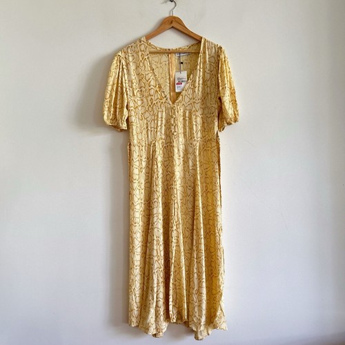 Faithfull The Brand Yellow Snake Print Dress Puff Sleeve Midi Dress Snakeskin - Picture 15 of 19