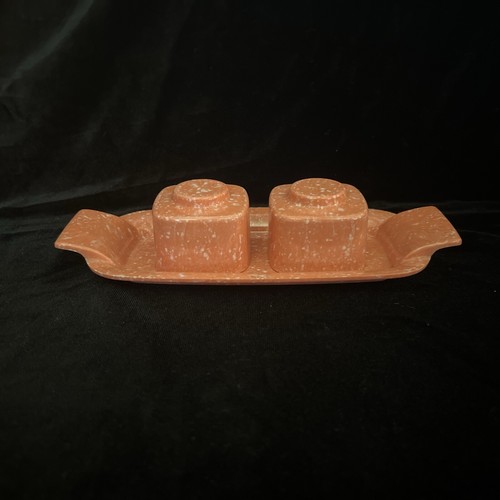 Brookpark MCM Melamine Spatter Salmon Salt Pepper Shakers & Butter Tray Z58 - Picture 5 of 15