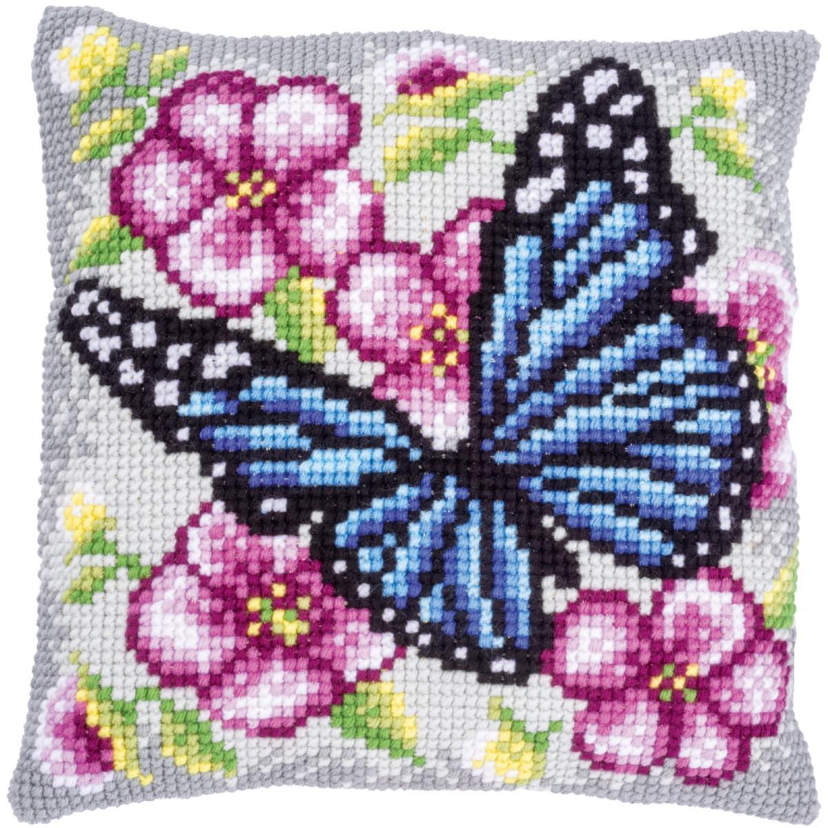 Vervaco stamped cross stitch kit cushion ""Schmetterling zwischen Blumen"", 40x40c