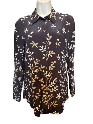 Vtg Mondi Women's Blouse 100% Silk Sz 34 XS Brown Floral Long Sleeve Button-Up