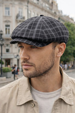 Handmade Black Plaid Newsboy Hat Men Dark Linen Cotton Baker Boy Cap Driving Gat
