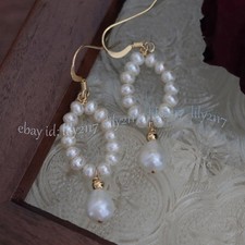 Natural White Freshwater Pearl Drop Pearl Dangle Gold Hook Earrings Eardrop