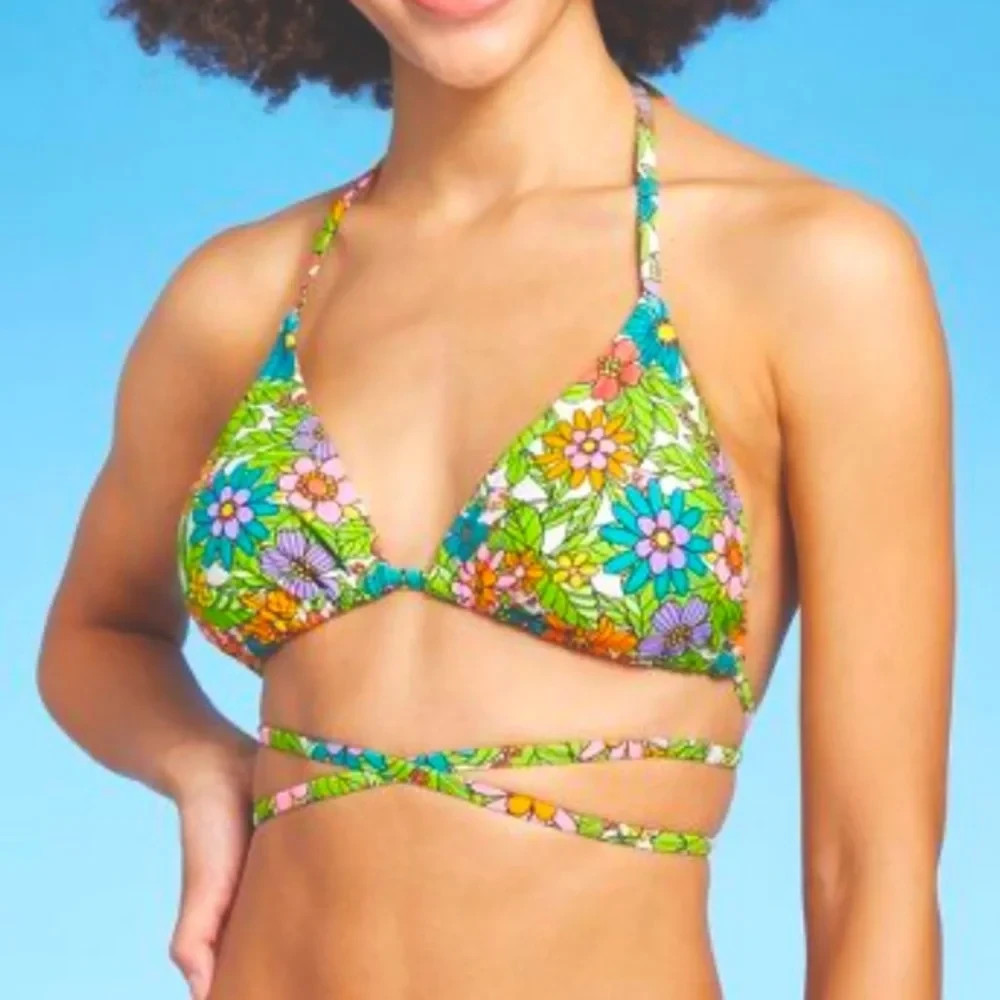 Triangle Wrap Around Bikini Top - NEON Floral Print - L (12-14) - D13