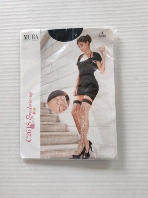Mura Broderie-up Thigh High Stockings Size 4 (L) Black Lace Top w Design