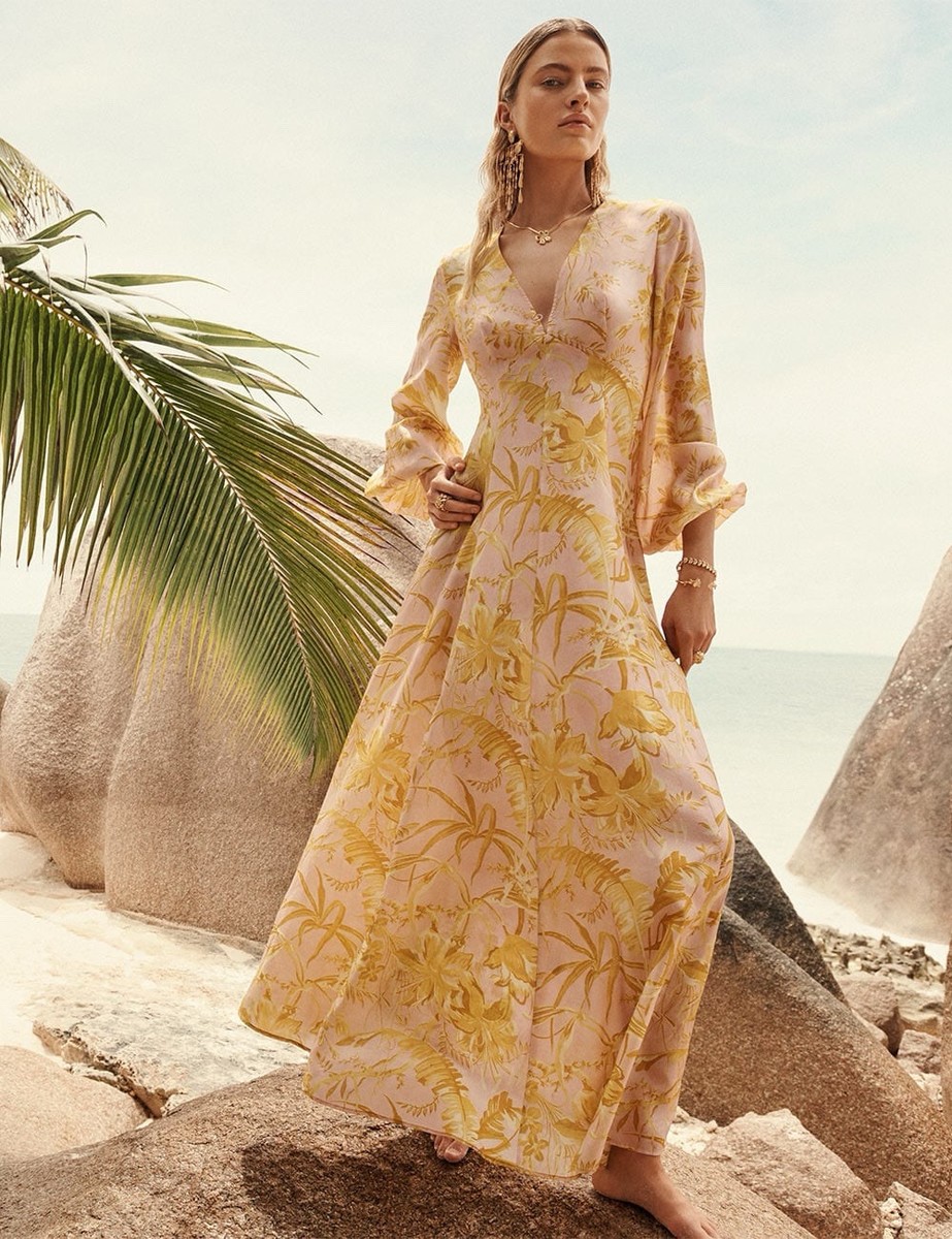 Zimmermann Golden Tropical Floral Long Sleeve Silk Maxi Zimmermann Golden Tropical Floral Long Sleeve Silk Maxi