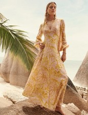 Zimmermann Golden Tropical Floral Long Sleeve Silk Maxi Dress Pink Yellow 8 NEW