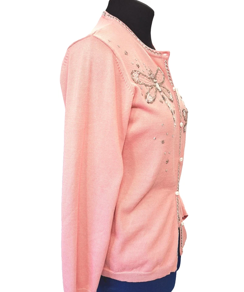 VTG Bob Mackie PINK SWEATER CARDIGAN Beaded Pearls DRAGONFLY Embroidered SZ L - Image 4 of 4