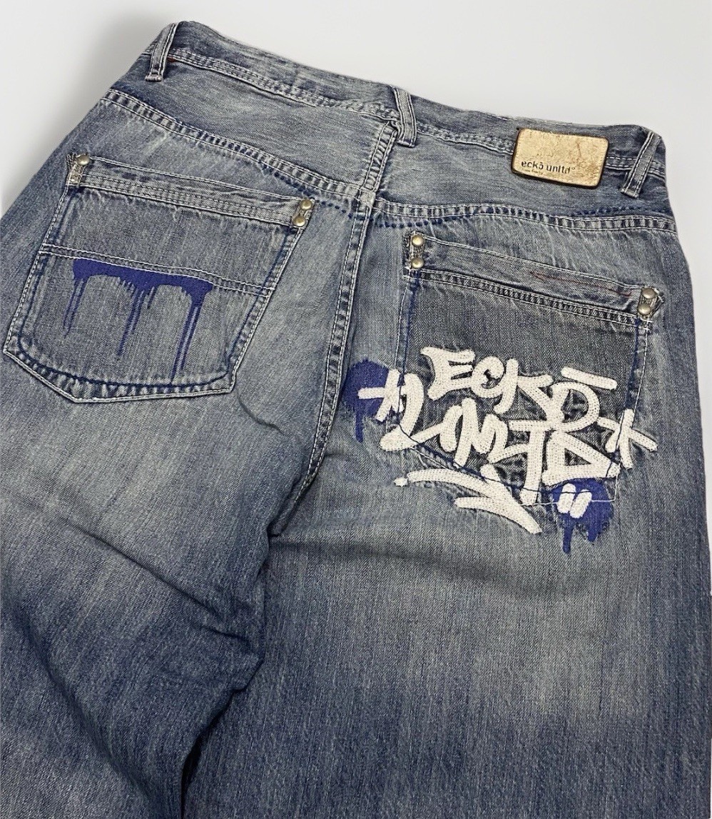 ECKO UNLTD Graffiti Baggy Jeans W32 - Destroyed Embroidered Denim Y2K Rap Fit