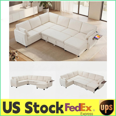 116 Inch Sectional Sleeper Sofa W/Pull Out Bed,U Shaped 7 Seat Modular Sectional