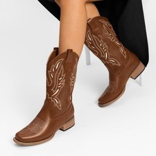 Women Retro Chic Cowboy Boots Mid Calf Cowgirl Boots Square Toe Western Boots