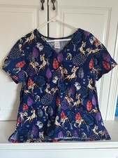 Disney Bambi Scrub Top Women  s LG Blue V-Neck Cotton Medical Nurse Shirt Pocket